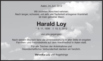 Traueranzeige von Harald Loy von Schwäbische Post