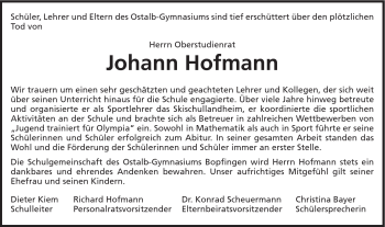 Traueranzeige von Johann Hofmann von Schwäbische Post