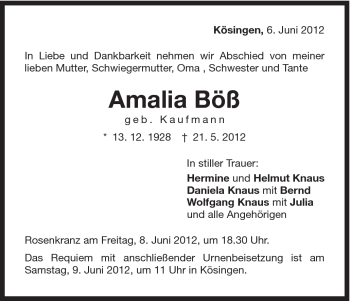 Traueranzeige von Amalia Böß von Schwäbische Post