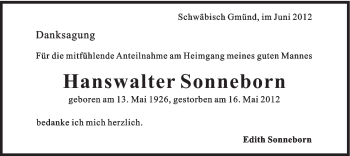 Traueranzeige von Hanswalter Sonneborn von Gmünder Tagespost