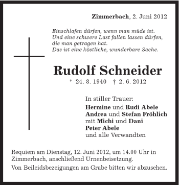 Traueranzeige von Rudolf Schneider von Gmünder Tagespost