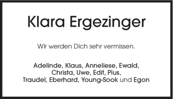 Traueranzeige von Klara Ergezinger von Schwäbische Post