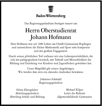 Traueranzeige von Johann Hofmann von Schwäbische Post
