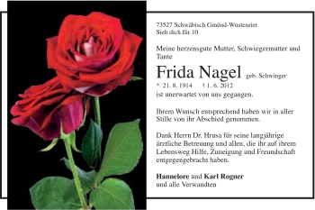 Traueranzeige von Frida Nagel von Gmünder Tagespost