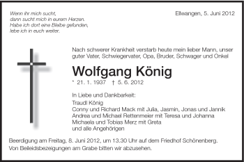 Traueranzeige von Wolfgang König von Schwäbische Post
