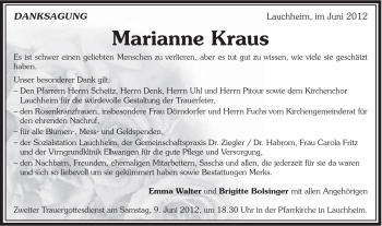 Traueranzeige von Marianne Kraus von Schwäbische Post