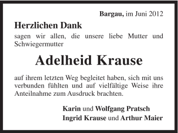 Traueranzeige von Adelheid Krause von Gmünder Tagespost