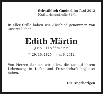 Traueranzeige von Edith Märtin von Gmünder Tagespost