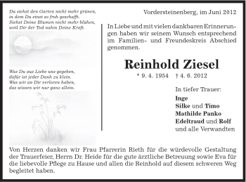 Traueranzeige von Reinhold Ziesel von Gmünder Tagespost