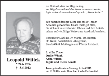 Traueranzeige von Leopold Wittek von Schwäbische Post