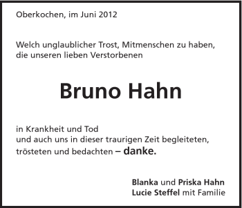 Traueranzeige von Bruno Hahn von Schwäbische Post