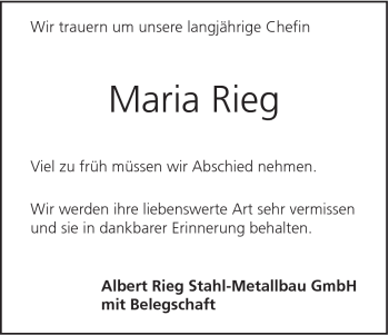 Traueranzeige von Maria Rieg von Gmünder Tagespost
