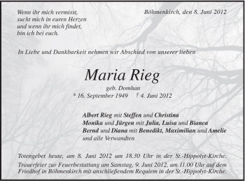 Traueranzeige von Maria Rieg von Gmünder Tagespost