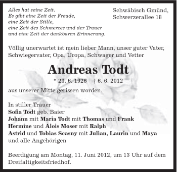 Traueranzeige von Andresa Todt von Gmünder Tagespost