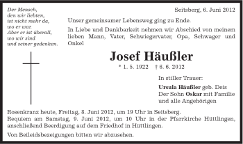 Traueranzeige von Josef Häußler von Schwäbische Post