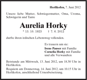 Traueranzeige von Aurelia Horky von Gmünder Tagespost