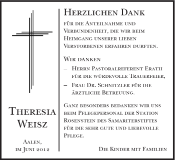 Traueranzeige von Theresia Weisz von Schwäbische Post