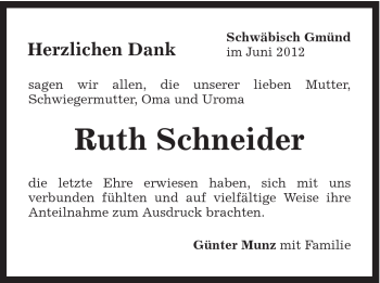 Traueranzeige von Ruth Schneider von Gmünder Tagespost