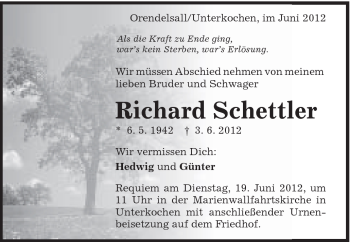 Traueranzeige von Richard Schettler von Schwäbische Post