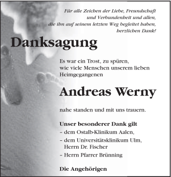 Traueranzeige von Andreas Werny von Schwäbische Post