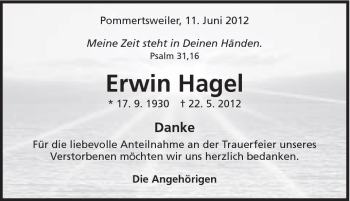 Traueranzeige von Erwin Hagel von Schwäbische Post