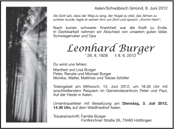 Traueranzeige von Leonhard Burger von Schwäbische Post
