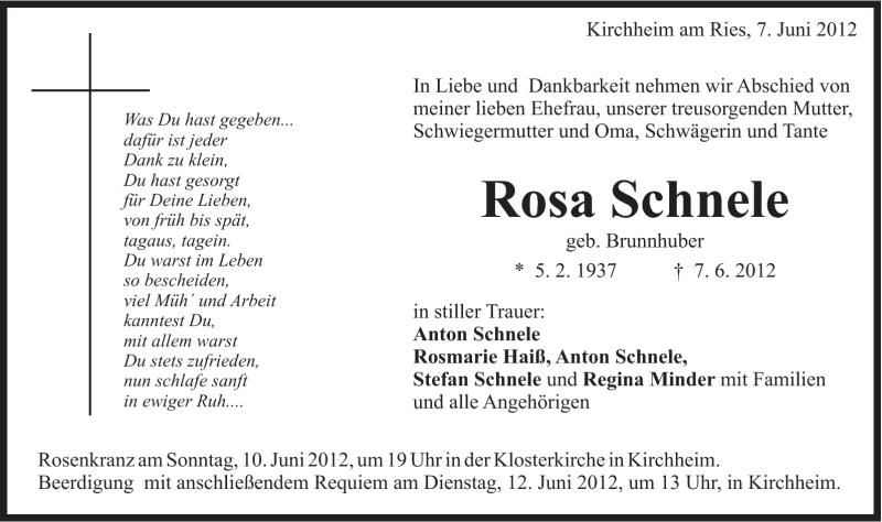  Traueranzeige für Rosa Schnele vom 09.06.2012 aus Schwäbische Post