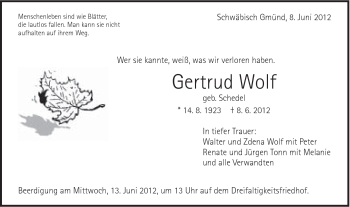Traueranzeige von Gertrud Wolf von Gmünder Tagespost