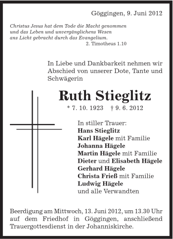 Traueranzeige von Ruth Stieglitz von Gmünder Tagespost