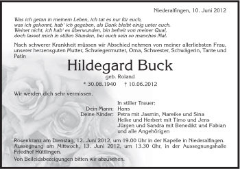 Traueranzeige von Hildegard Buck von Schwäbische Post