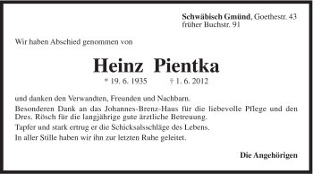 Traueranzeige von Heinz Pientka von Gmünder Tagespost