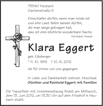 Traueranzeige von Klara Eggert von Gmünder Tagespost