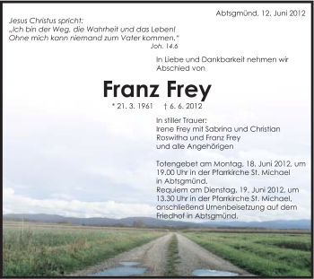Traueranzeige von Frey Franz von Schwäbische Post