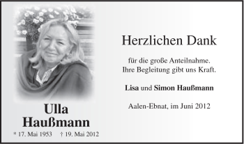 Traueranzeige von Ulla Haußmann von Schwäbische Post
