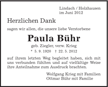 Traueranzeige von Paula Bühr von Gmünder Tagespost