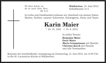 Traueranzeige von Karin Maier von Gmünder Tagespost