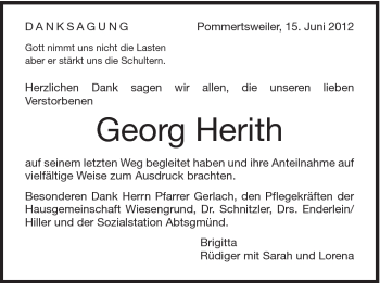 Traueranzeige von Georg Herith von Schwäbische Post