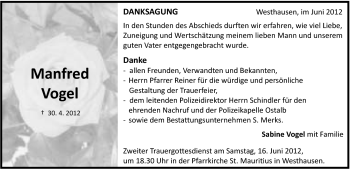 Traueranzeige von Manfred Vogel von Schwäbische Post