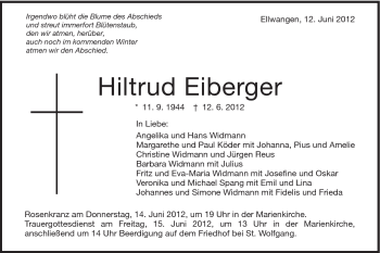 Traueranzeige von Hiltrud Eiberger von Schwäbische Post