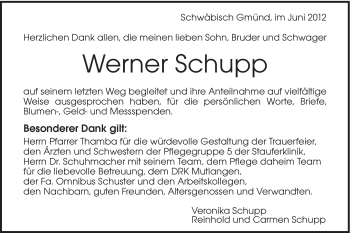 Traueranzeige von Werner Schupp von Gmünder Tagespost