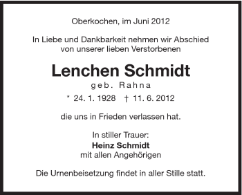 Traueranzeige von Lenchen Schmidt von Schwäbische Post