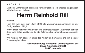Traueranzeige von Reinhold Rill von Gmünder Tagespost