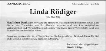 Traueranzeige von Linda Rödiger von Schwäbische Post