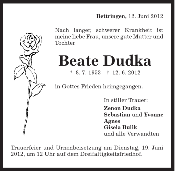 Traueranzeige von Beate Dudka von Gmünder Tagespost