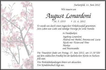 Traueranzeige von August Lonardoni von Schwäbische Post