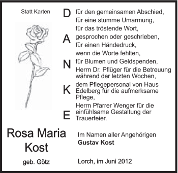 Traueranzeige von Rosa Maria Kost von Gmünder Tagespost