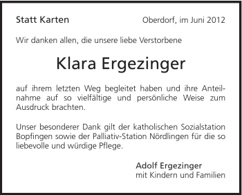 Traueranzeige von Klara Ergezinger von Schwäbische Post