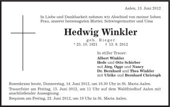 Traueranzeige von Hedwig Winkler von Schwäbische Post