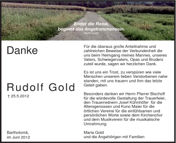 Traueranzeige von Rudolf Gold von Gmünder Tagespost