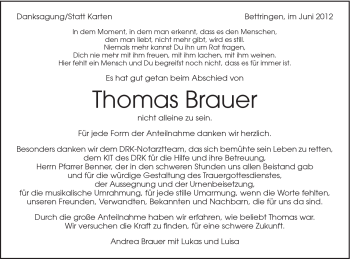 Traueranzeige von Thomas Brauer von Gmünder Tagespost
